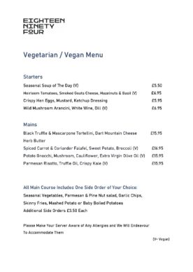 Eighteen Ninety Four Vegetarian - Vegan Menu 27.8.2020